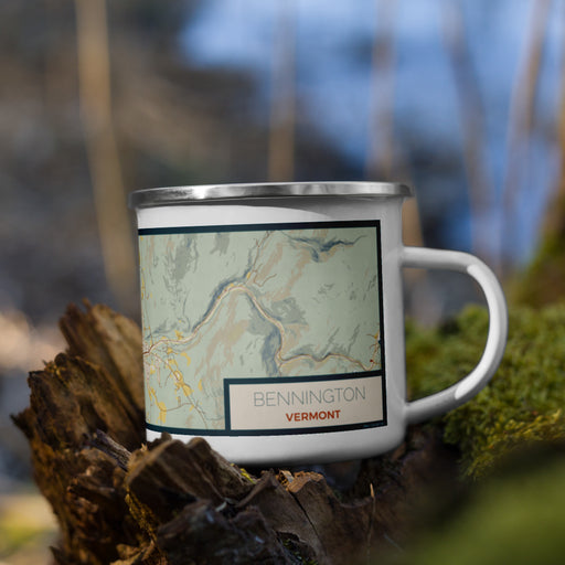 Right View Custom Bennington Vermont Map Enamel Mug in Woodblock on Grass With Trees in Background