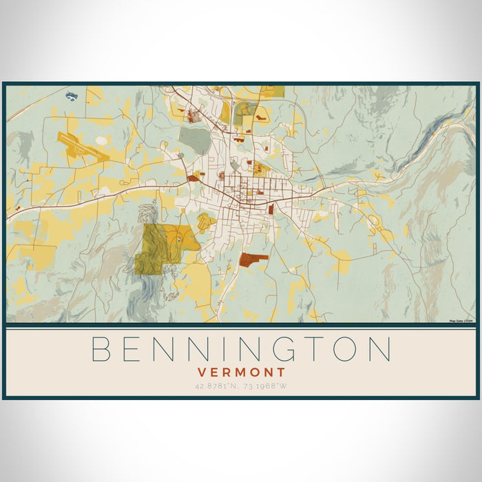Bennington Vermont Map Print Landscape Orientation in Woodblock Style With Shaded Background