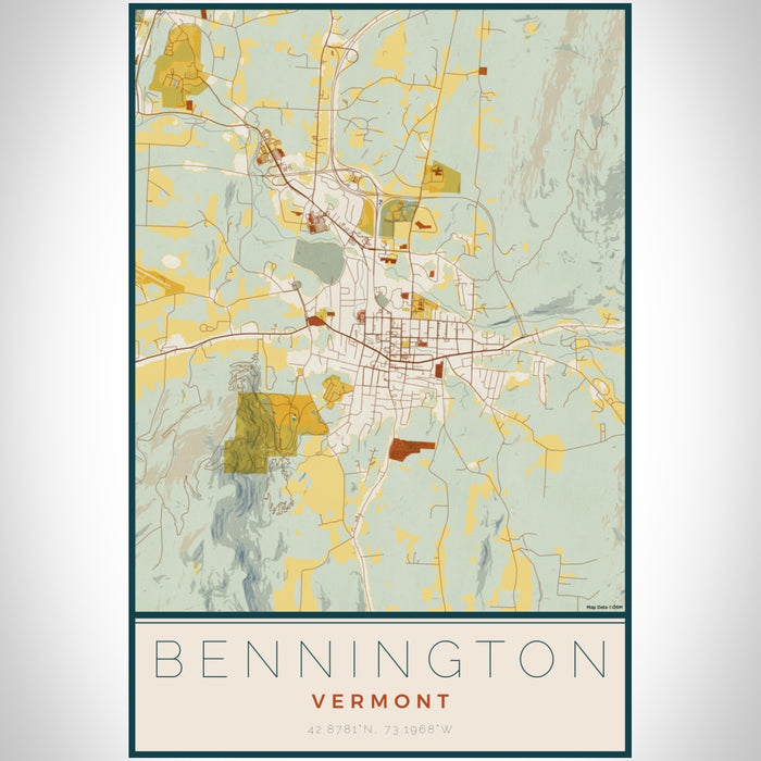 Bennington Vermont Map Print Portrait Orientation in Woodblock Style With Shaded Background