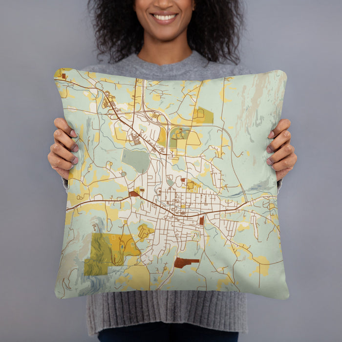 Person holding 18x18 Custom Bennington Vermont Map Throw Pillow in Woodblock