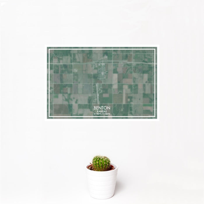 12x18 Benton Kansas Map Print Landscape Orientation in Afternoon Style With Small Cactus Plant in White Planter