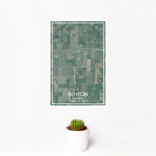 12x18 Benton Kansas Map Print Portrait Orientation in Afternoon Style With Small Cactus Plant in White Planter