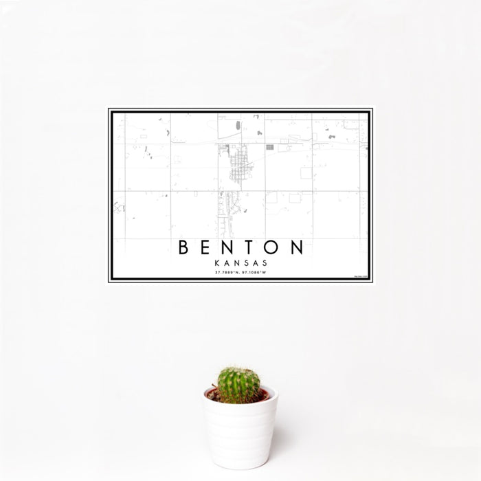 12x18 Benton Kansas Map Print Landscape Orientation in Classic Style With Small Cactus Plant in White Planter