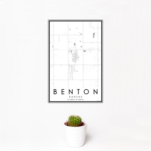 12x18 Benton Kansas Map Print Portrait Orientation in Classic Style With Small Cactus Plant in White Planter