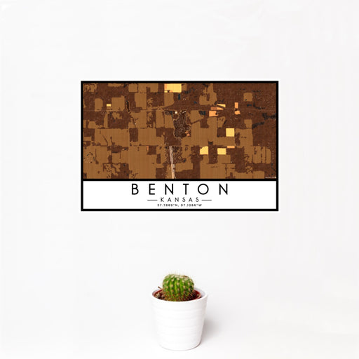 12x18 Benton Kansas Map Print Landscape Orientation in Ember Style With Small Cactus Plant in White Planter