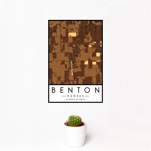 12x18 Benton Kansas Map Print Portrait Orientation in Ember Style With Small Cactus Plant in White Planter