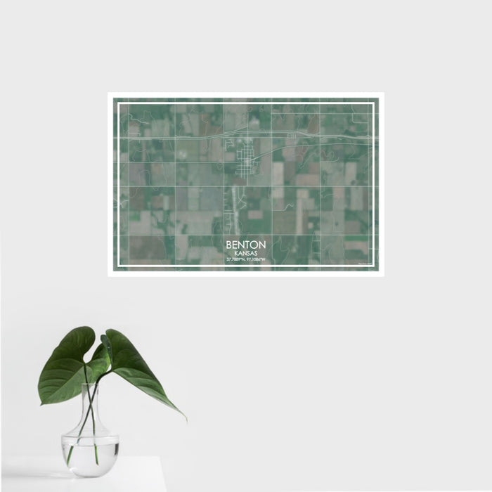 16x24 Benton Kansas Map Print Landscape Orientation in Afternoon Style With Tropical Plant Leaves in Water