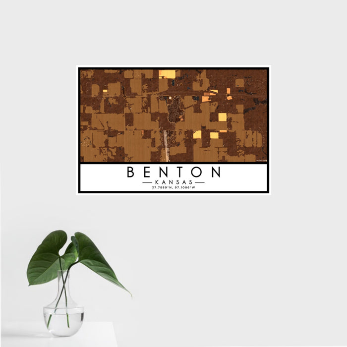 16x24 Benton Kansas Map Print Landscape Orientation in Ember Style With Tropical Plant Leaves in Water