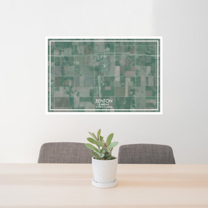 24x36 Benton Kansas Map Print Lanscape Orientation in Afternoon Style Behind 2 Chairs Table and Potted Plant