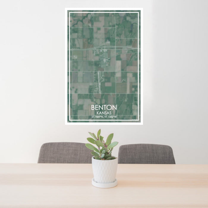 24x36 Benton Kansas Map Print Portrait Orientation in Afternoon Style Behind 2 Chairs Table and Potted Plant