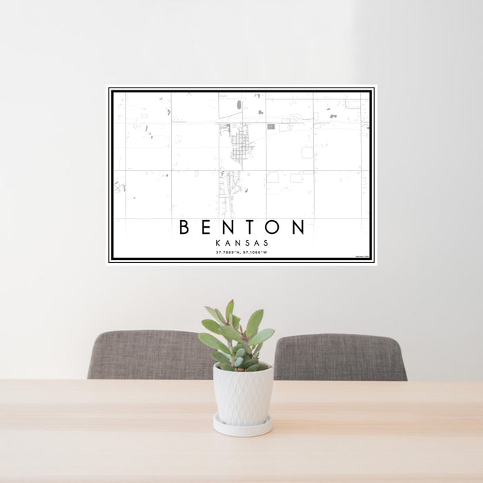 24x36 Benton Kansas Map Print Lanscape Orientation in Classic Style Behind 2 Chairs Table and Potted Plant