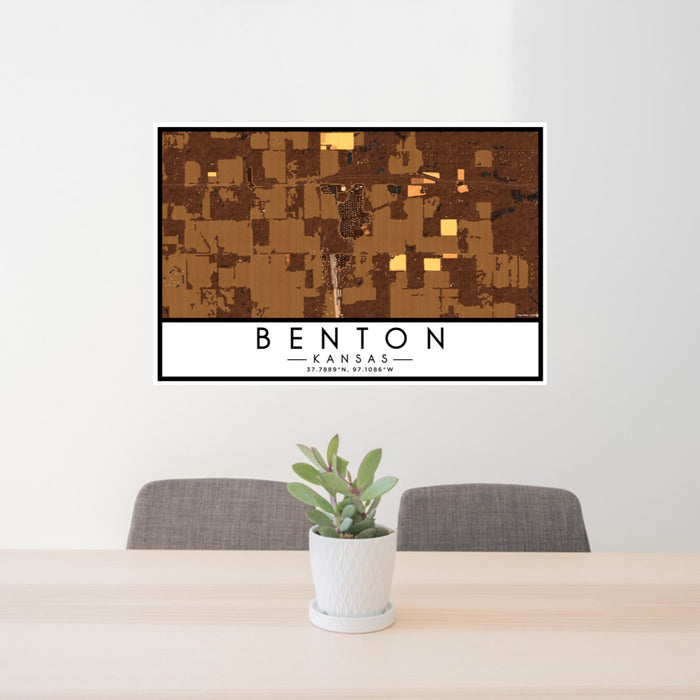 24x36 Benton Kansas Map Print Lanscape Orientation in Ember Style Behind 2 Chairs Table and Potted Plant