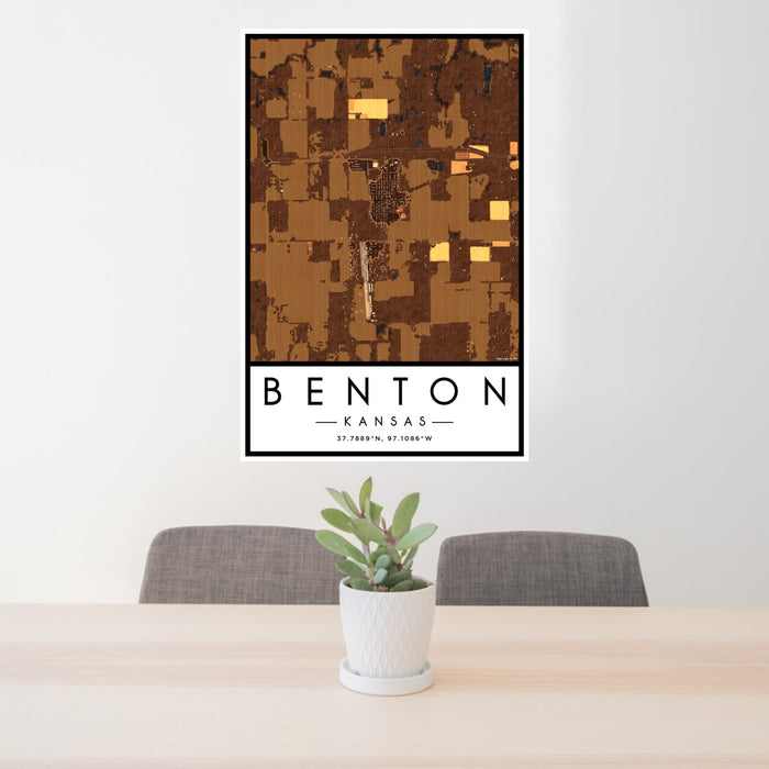 24x36 Benton Kansas Map Print Portrait Orientation in Ember Style Behind 2 Chairs Table and Potted Plant