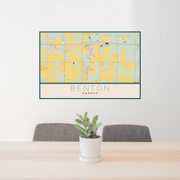 24x36 Benton Kansas Map Print Lanscape Orientation in Woodblock Style Behind 2 Chairs Table and Potted Plant