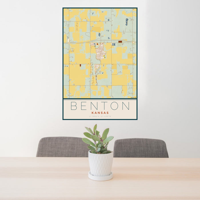 24x36 Benton Kansas Map Print Portrait Orientation in Woodblock Style Behind 2 Chairs Table and Potted Plant