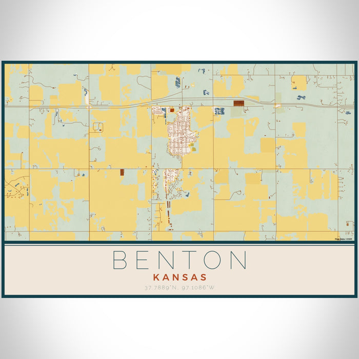 Benton Kansas Map Print Landscape Orientation in Woodblock Style With Shaded Background