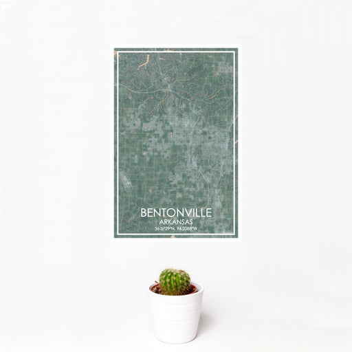 12x18 Bentonville Arkansas Map Print Portrait Orientation in Afternoon Style With Small Cactus Plant in White Planter