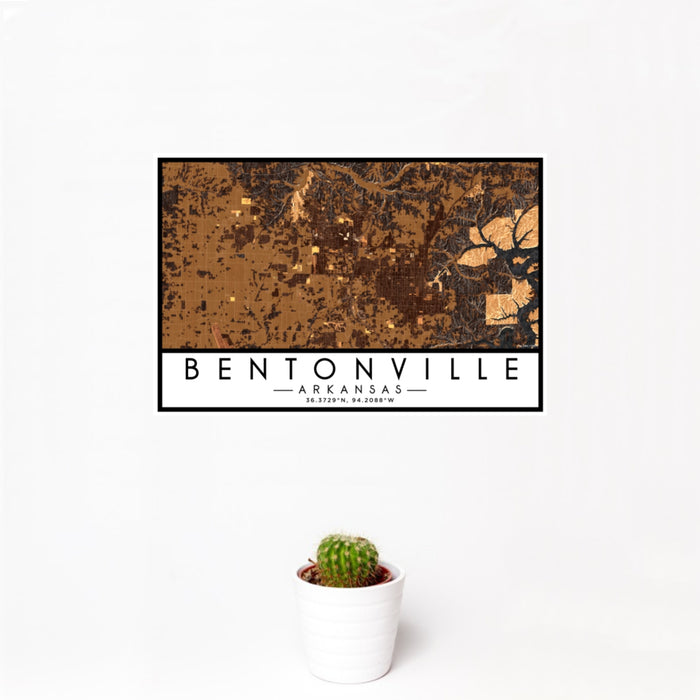 12x18 Bentonville Arkansas Map Print Landscape Orientation in Ember Style With Small Cactus Plant in White Planter