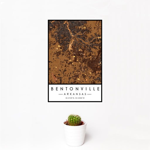 12x18 Bentonville Arkansas Map Print Portrait Orientation in Ember Style With Small Cactus Plant in White Planter