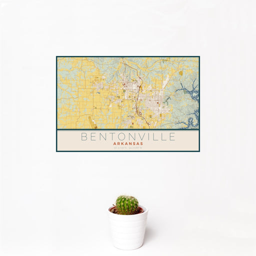 12x18 Bentonville Arkansas Map Print Landscape Orientation in Woodblock Style With Small Cactus Plant in White Planter