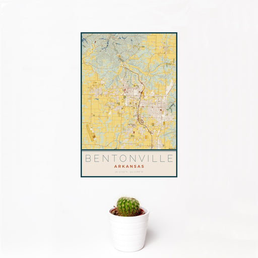 12x18 Bentonville Arkansas Map Print Portrait Orientation in Woodblock Style With Small Cactus Plant in White Planter