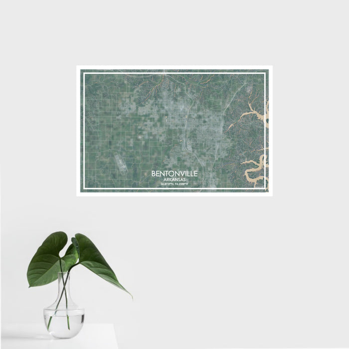 16x24 Bentonville Arkansas Map Print Landscape Orientation in Afternoon Style With Tropical Plant Leaves in Water