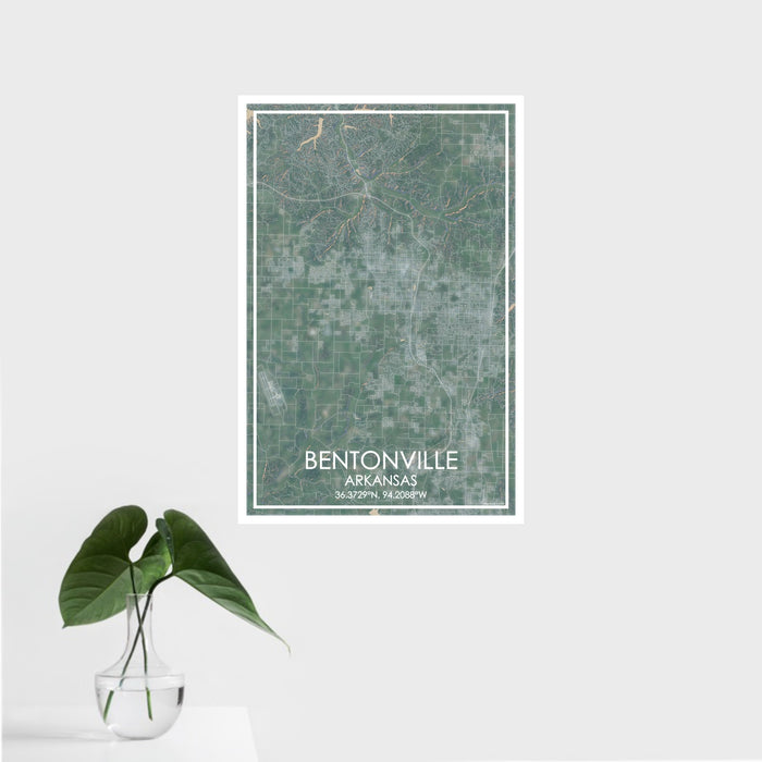 16x24 Bentonville Arkansas Map Print Portrait Orientation in Afternoon Style With Tropical Plant Leaves in Water