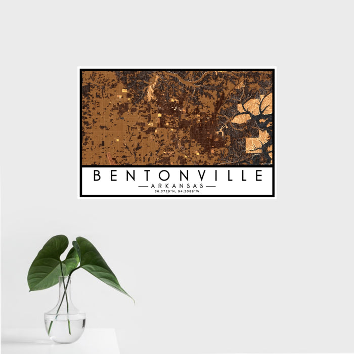 16x24 Bentonville Arkansas Map Print Landscape Orientation in Ember Style With Tropical Plant Leaves in Water