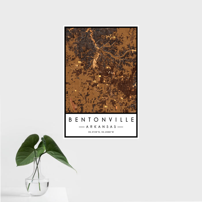 16x24 Bentonville Arkansas Map Print Portrait Orientation in Ember Style With Tropical Plant Leaves in Water