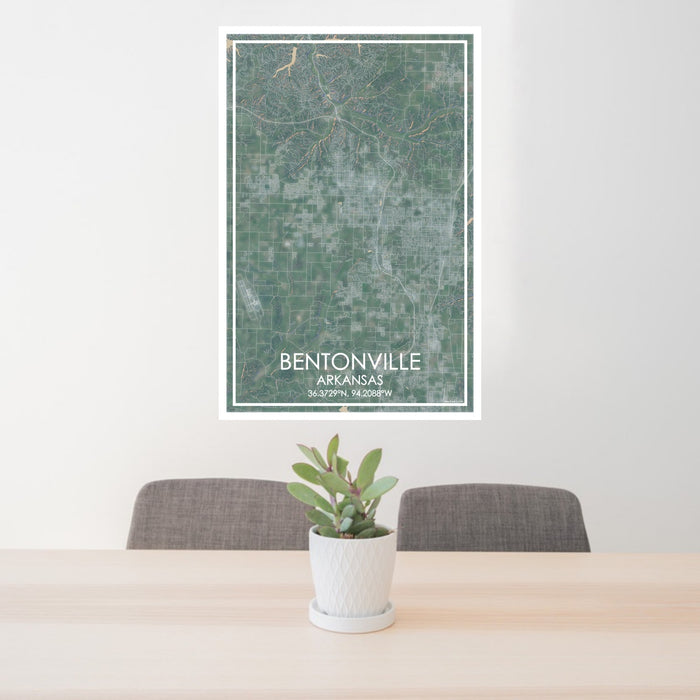 24x36 Bentonville Arkansas Map Print Portrait Orientation in Afternoon Style Behind 2 Chairs Table and Potted Plant