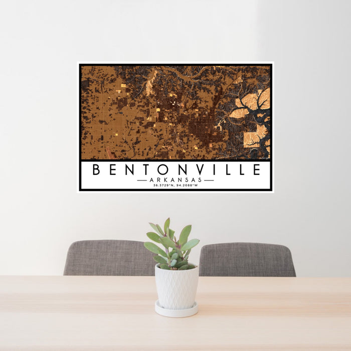 24x36 Bentonville Arkansas Map Print Lanscape Orientation in Ember Style Behind 2 Chairs Table and Potted Plant