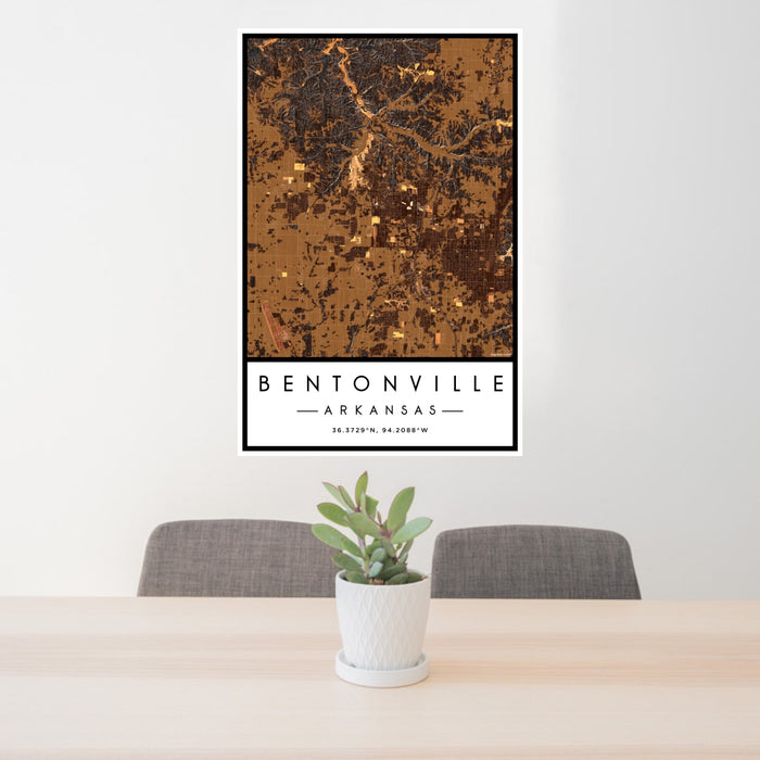 24x36 Bentonville Arkansas Map Print Portrait Orientation in Ember Style Behind 2 Chairs Table and Potted Plant