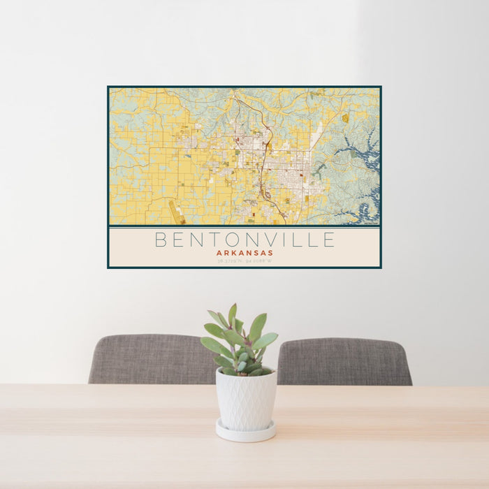 24x36 Bentonville Arkansas Map Print Lanscape Orientation in Woodblock Style Behind 2 Chairs Table and Potted Plant
