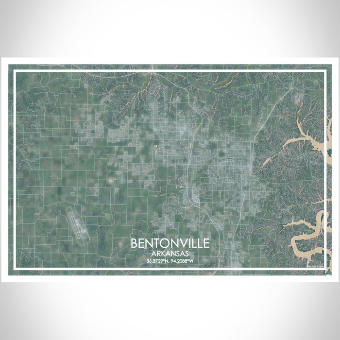 Bentonville Arkansas Map Print Landscape Orientation in Afternoon Style With Shaded Background