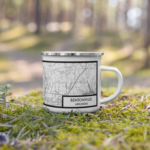 Right View Custom Bentonville Arkansas Map Enamel Mug in Classic on Grass With Trees in Background