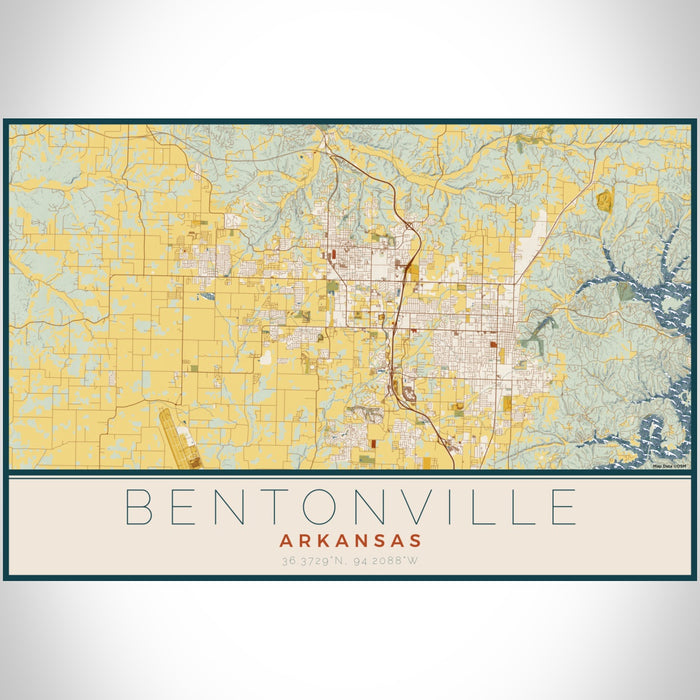 Bentonville Arkansas Map Print Landscape Orientation in Woodblock Style With Shaded Background