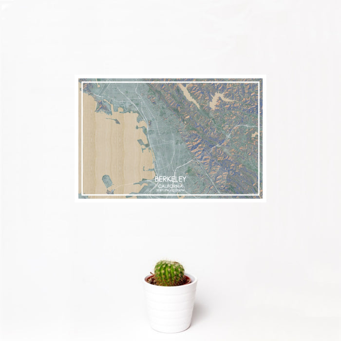 12x18 Berkeley California Map Print Landscape Orientation in Afternoon Style With Small Cactus Plant in White Planter