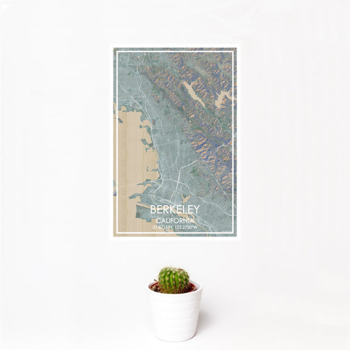 12x18 Berkeley California Map Print Portrait Orientation in Afternoon Style With Small Cactus Plant in White Planter