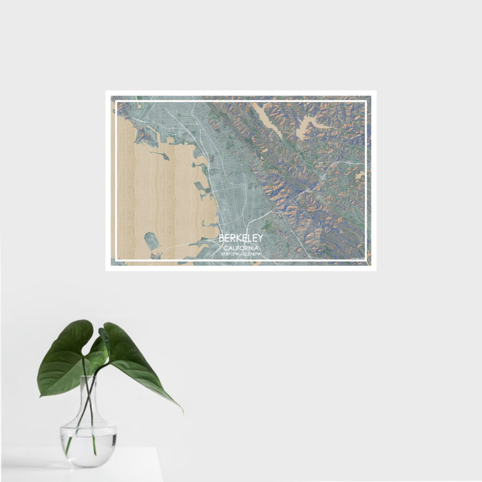 16x24 Berkeley California Map Print Landscape Orientation in Afternoon Style With Tropical Plant Leaves in Water
