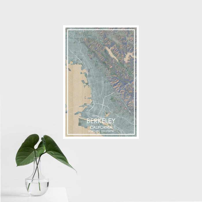 16x24 Berkeley California Map Print Portrait Orientation in Afternoon Style With Tropical Plant Leaves in Water