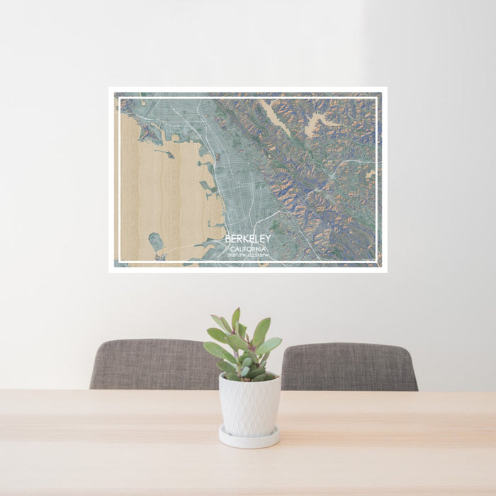 24x36 Berkeley California Map Print Lanscape Orientation in Afternoon Style Behind 2 Chairs Table and Potted Plant