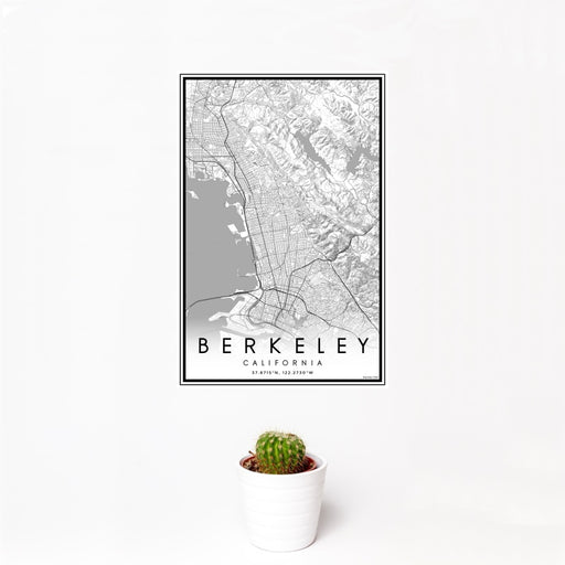 12x18 Berkeley California Map Print Portrait Orientation in Classic Style With Small Cactus Plant in White Planter