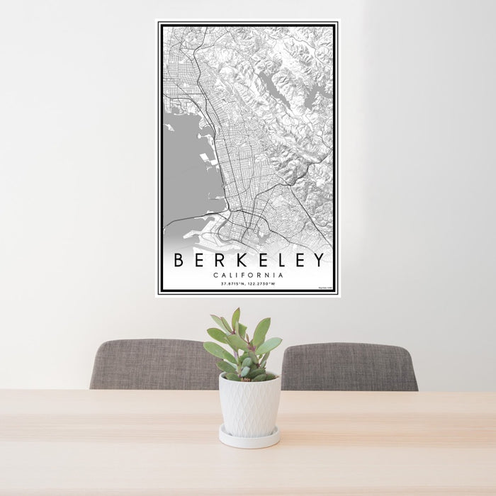 24x36 Berkeley California Map Print Portrait Orientation in Classic Style Behind 2 Chairs Table and Potted Plant