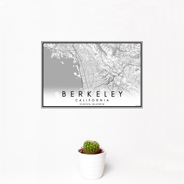 12x18 Berkeley California Map Print Landscape Orientation in Classic Style With Small Cactus Plant in White Planter