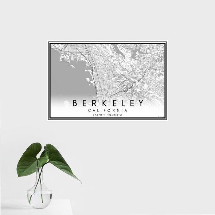 16x24 Berkeley California Map Print Landscape Orientation in Classic Style With Tropical Plant Leaves in Water