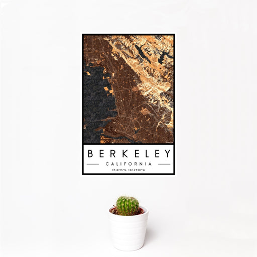 12x18 Berkeley California Map Print Portrait Orientation in Ember Style With Small Cactus Plant in White Planter