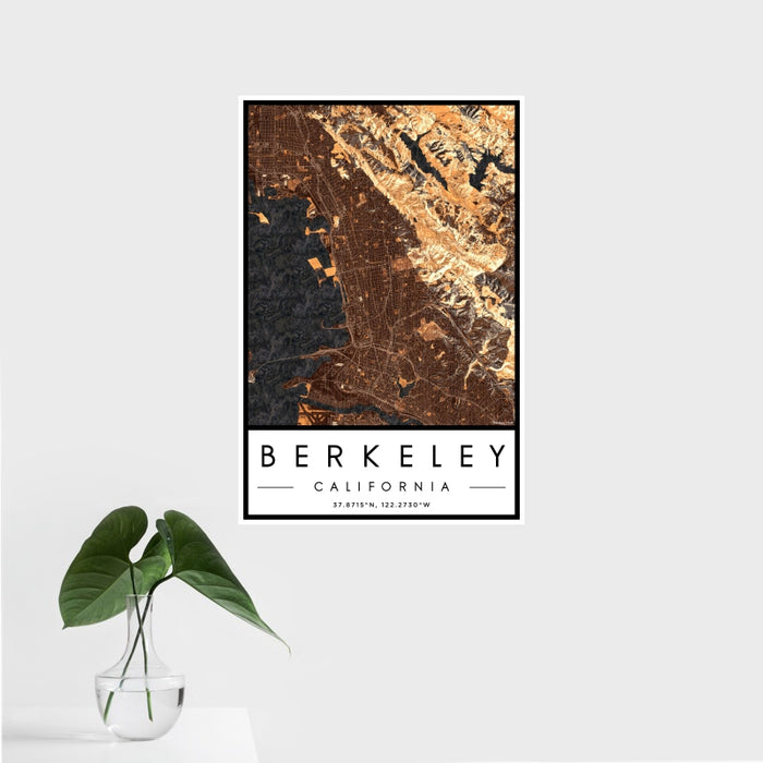 16x24 Berkeley California Map Print Portrait Orientation in Ember Style With Tropical Plant Leaves in Water