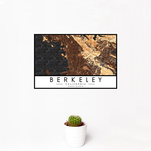 12x18 Berkeley California Map Print Landscape Orientation in Ember Style With Small Cactus Plant in White Planter