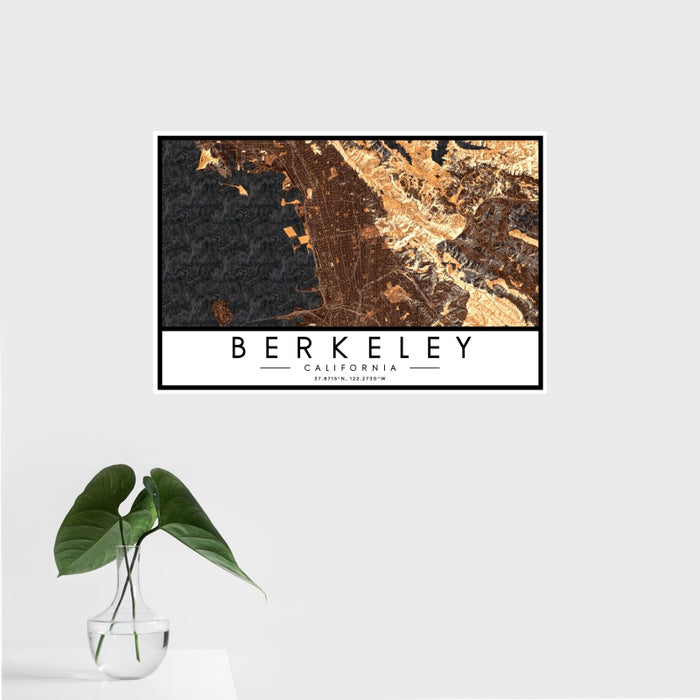 16x24 Berkeley California Map Print Landscape Orientation in Ember Style With Tropical Plant Leaves in Water