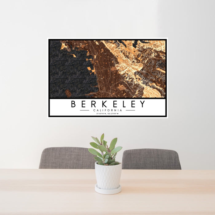 24x36 Berkeley California Map Print Landscape Orientation in Ember Style Behind 2 Chairs Table and Potted Plant